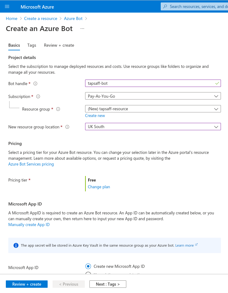 Azure portal: Create a resource > Azure Bot > Basics