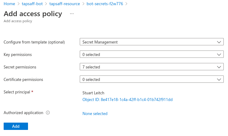 Azure portal: Key vault > Add access policy