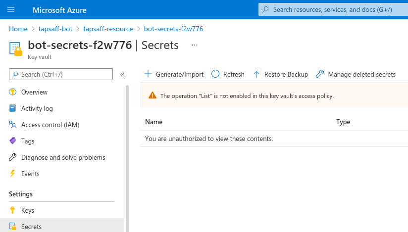 Azure portal: Secrets: The operation "List" is not enabled in this key vault's access policy.