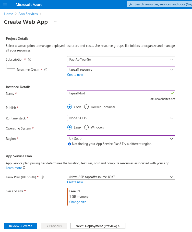 Azure App Service: Create Web App