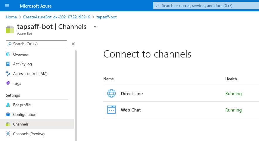 Azure portal: Azure Bot channels