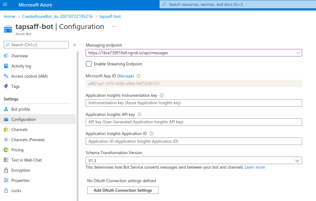 Azure portal: Azure Bot Configuration