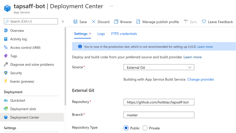 Azure App Service: Deployment Center