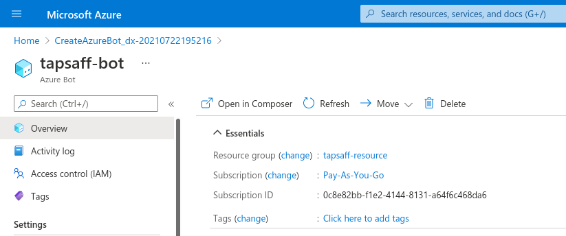 Azure portal: Azure Bot overview