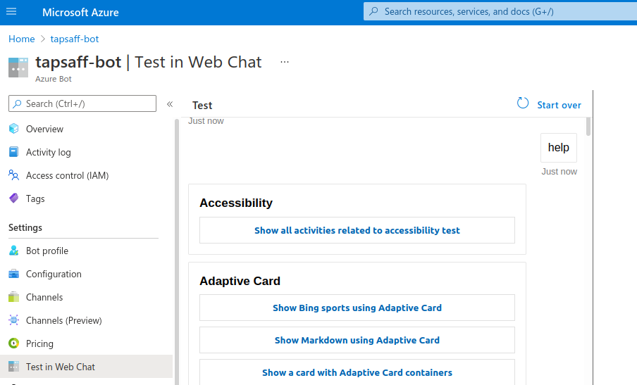 Azure portal: Azure bot Test in Web Chat