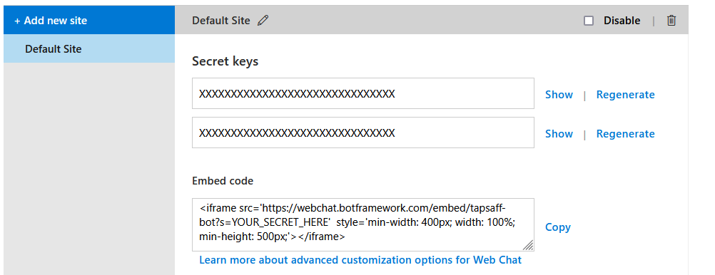 Azure webchat secret keys